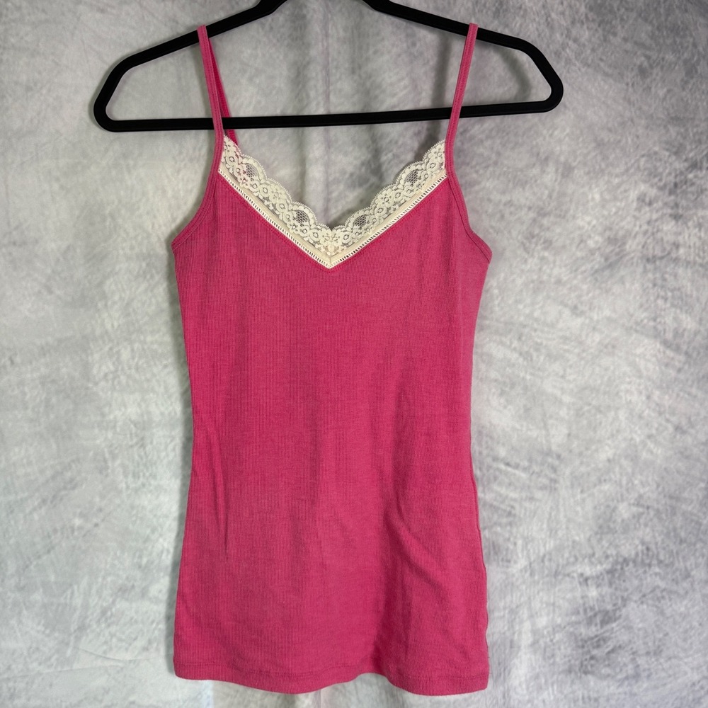Vtg Y2K Old Navy Pink Cami Top womens Sz M Lace Trim Ribbed coquette indie